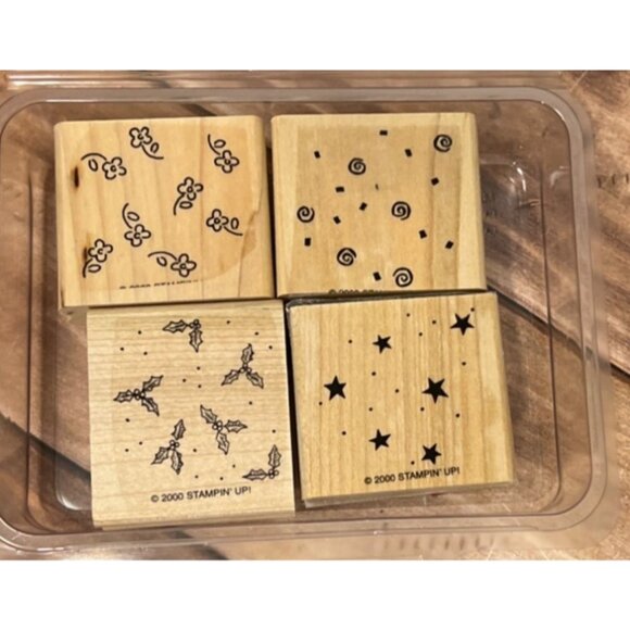 2000 STAMPIN' UP! SWIRL FLOWER HOLLY STAR Wood Mounted Rubber Stamp set of 4 - Picture 1 of 4